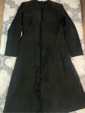 VINTAGE 3B WEST SUEDE FRINGE TRIM LONG COAT  Black Sz XL